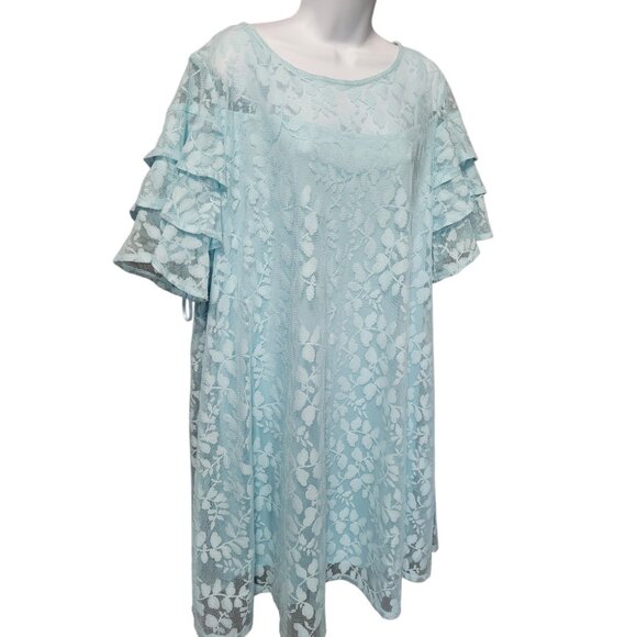 Lane Bryant Dresses & Skirts - Lane Bryant Dress 18 Blue Lace Ruffle Sleeve Below Knee Pullover Sheath Floral